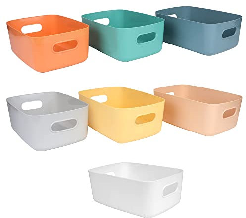 VECH Storage Baskets,7 Pack Plastic Storage Boxes for Shelves,Stackable Cupboard Organiser,Kitchen Storage & Organisation,Bathroom Storage Basket,Shelf Storage Box for Kitchen,Office and Home