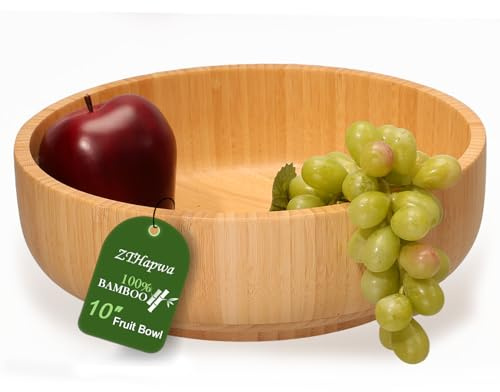 ZTHapwa Large Fruit Bowl for Kitchen Counter, 10 Inch Bamboo Wooden Straight-Side Serving Bowl for Salad, Vegetables and Fruits, Rustic Decorative Bowls for Dinner Table Centerpiece Decor, 100 Oz