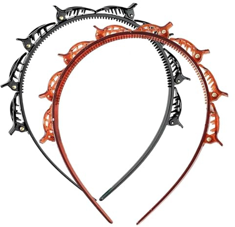 2 Pcs Double Bangs Hairstyle Hairpin Clip Headbands Multi-Layer Toothed Hair Band with Clips Attached Non-Slip for Women Girls Fashion Braid Tool Hair Accessories (Black, Brown)