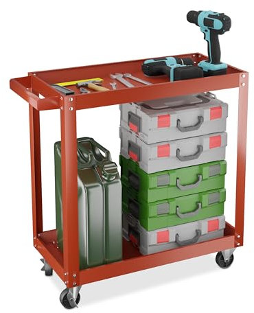 Relaxdays Chariot d'atelier, 2 Niveaux, Charge maximale : env. 100 kg, H x L x P : 76 x 78 x 35 cm, Rouge