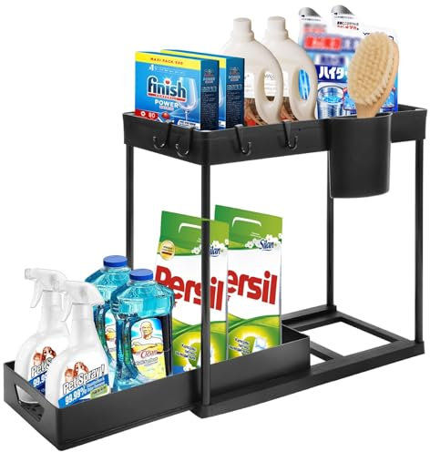 CROWNSHOP 2 Tier Under Sink Storage Kitchen Multi-Purpose Under Sink Cabinet Organiser Bottom Sliding Drawer with Hooks for Bathroom Kitchen (1PCS)