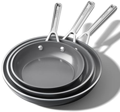 naturepan Set de 3 Poêles en Céramique Diamant Titane (20+24+28 cm) - Revêtement Antiadhésif Sans PTFE/PFOA/PFAS - Poignée Restant Froide - Compatible Induction & Four - Lave-Vaisselle - Gris