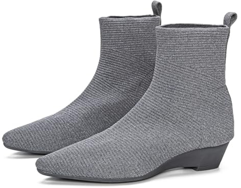 youngshow Women's Pointed Toe Knit Booties, Breathable Slip On Wedge Sock Boots for Spring, Low Heel Casual Dress Work Shoes for Office Travel Gray
