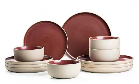 Dafuceramic 12 Pieces Dinnerware Sets,Plates and Bowls Sets,Handmade Reactive Glaze Dishes Set for 4 with at Least 10% Recycled Ceramic and the Raw Texture of the Clay (Angora Red)