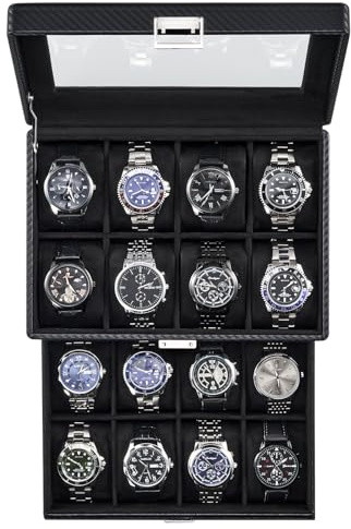 ProCase Estuche para Relojes, 16 Ranuras Caja Organizadora de Joyas con Cajón Multifuncional con Tapa Cristal Vidrio Vitrina Almacenamiento Porta Reloj para Hombres -Todo Negro