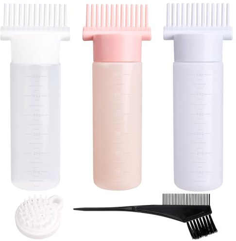 jwogngls 3 Pezzi Applicatore Olio Capelli per Radici, 180ml Distributore Olio Capelli con Spazzola Massaggio e Pennello per Tintura per Casa e Saloni di Parrucchiere
