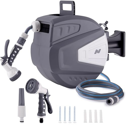NETTA Hose Reel 30m – Wall Mounted Garden Hose Reel with Auto Rewind & 180° Swivel - Retractable Garden Hose Pipe with 9-Function Spray Gun - Heavy Duty Hose Pipe & 3/4 BSP Fittings