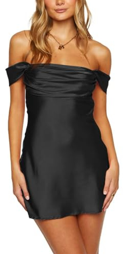 AOWVUTS Robe Femme Sexy Mini Robe de Soirée Epaules Dénudées Moulante en Satin Robes Courte sans Manches Chic et Elegant Robes Ete A Ligne Bodycon pour Cocktail Fête Party Mariage Bal Outfit