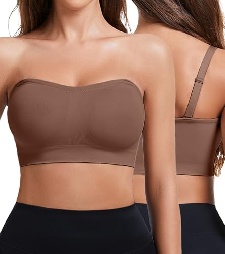 Miguofan Women's Strapless Bra Seamless Bandeau Non-Slip Multiway Convertible Padded Bra with Removable Straps (UK, Alpha, XS, Regular, Regular, Coffee)