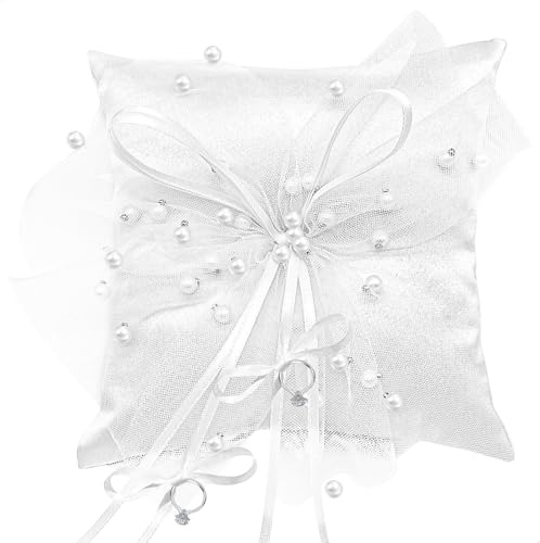 fuxunamz Cuscino Fedi Nuziali, Cuscino per Anelli in Pizzo e Perle, Cuscino Portafedi per Cerimonie di Fidanzamento e Matrimonio, Decorazioni Matrimonio Accessori Matrimonio
