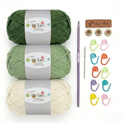 Crochet Yarn Kit, 3×50g 60% Cotton 40% Acrylic Combed Cotton Yarn with 3mm Hook & Accessories, DK Wool for Beginners Amigurumi Socks Blankets (Green-3)