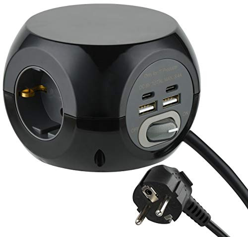 Electraline 62080 Mini Cubo con 4 puertos USB 17 W (2 de Tipo C (compatible con la última tecnología) + 2 USB A 3.4A Q.C., con 3 tomas schuko + interruptor (ON/OFF), Cable 1,5M, Negro