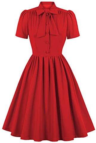 Wellwits - Vestido vintage para mujer de oficina, con cuello de corbata y botones, para dama de trabajo, Rojo sólido., 40-42