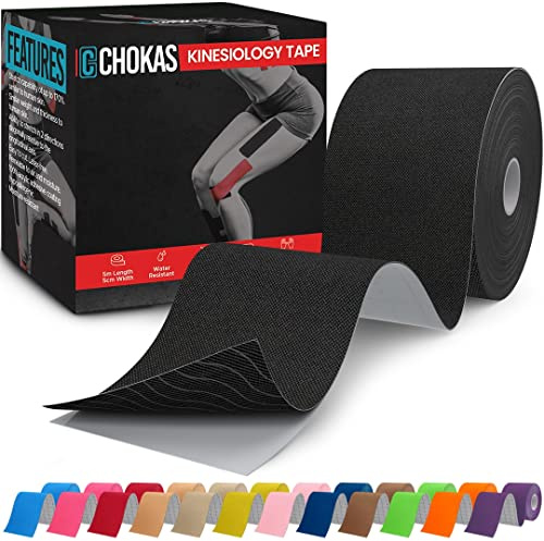 CHOKAS Kinesiology Tape 5m Roll, Elastic Therapeutic Sports Tape for Shoulder,Ankle,Elbow,Wrist,shin,Splints and Knee Support, Waterproof Physio Body Tape for Muscle Pain Relief, Boob Tape (Black)