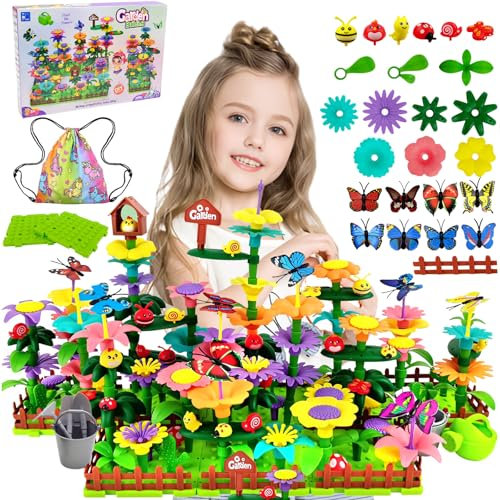 Cyiecw 332 PCS Blumengarten Spielzeug ab 4 Jahre Mädchen, Kinder Blumen Bausteine, DIY Bouquet Sets mit Aufbewahrungstasche, Garten Spielzeug für Kinder Kunst Blumenarrangement Geschenk
