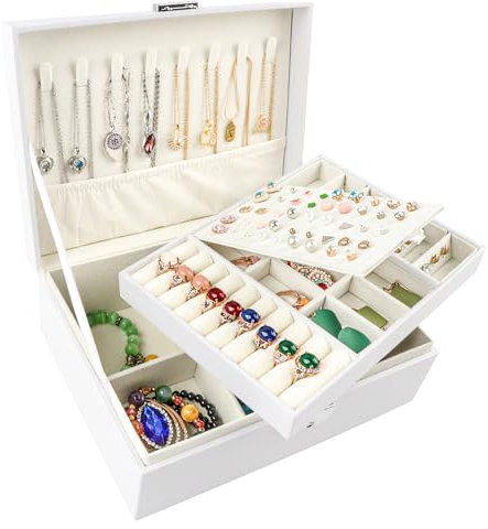Homeanda schmuckkästchen damen schmuckschatulle schmuckkästchen mit schlüssel schmuckbox leder schmuckschatulle groß schmuckkästchen schmuckschatullen(UG-Weiß)