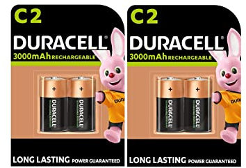 4 pilas recargables Duracell C, 3000 mAh, HR14/DC1400 (2 blísters de 2 baterías) y 4 pilas