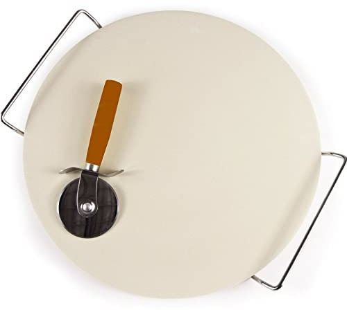 ARA CHOICE Extra Large Ceramic Pizza Baking Stone Set Chrome Stand 33CM + Free Pizza Cutter Diameter 33 cm