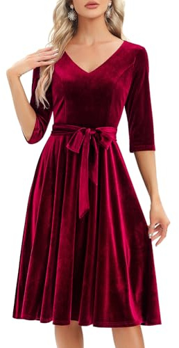 Bbonlinedress Abito da Invitata Matrimonio Abito Donna Abito Capodanno Natale da Festa Cocktail Vintage per Laurea Damigella d'Onore Midi Maniche 3/4 Scollo a V con Cintura, rosso scuro, L