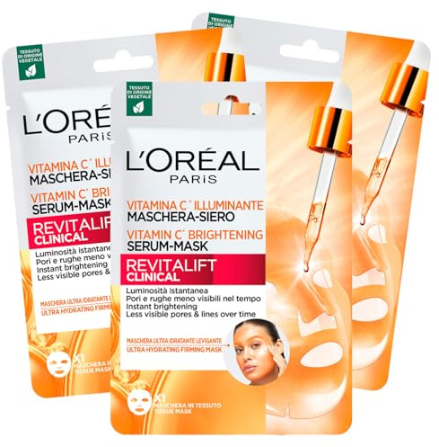 L'Oréal Paris Revitalift Clinical - 3 mascarillas faciales monodosis de tela, con vitamina C, iluminadoras, con sérum hidratante