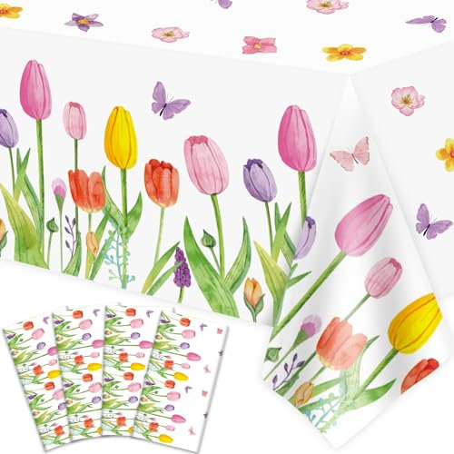 Dvaorc 4 Pack Summer Floral Tablecloth Tulip Flowers Table Cloth Plastic Spring Floral Table Cloth Summer Flower Tulip Table Cover for Wedding, Babyshower, Birthday Party Decorations 51 x 86 Inches