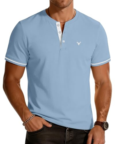KUYIGO Maglietta Henley Ricamata Uomo Manica Corta Casual Sport Knit Top S Blu