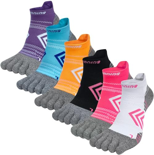 Kevaler Womens Running Cushion Socks Toe Socks Cushioned Cotton Ankle Sports Socks Five Finger Athletic Socks Low Cut Trainer Socks Breathable & Sweat-Wicking, 6 Pairs