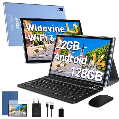 JUEDUR Tablet 10 Pulgadas, Tablets Android 14, 22GB RAM+128GB ROM (1TB TF), Tableta PC Widevine L1, 8000mAh, Octa-Core 2.0Ghz, 5G WiFi, Tablet con Teclado y ratón - Azul