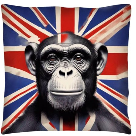 The Beach Stop Abstract Chimpanzee British Flag Printed Accent Cushion Cover | Gift Idea for Men Women & Children | 45x45cm 18x18 | Banksy UK Monkey