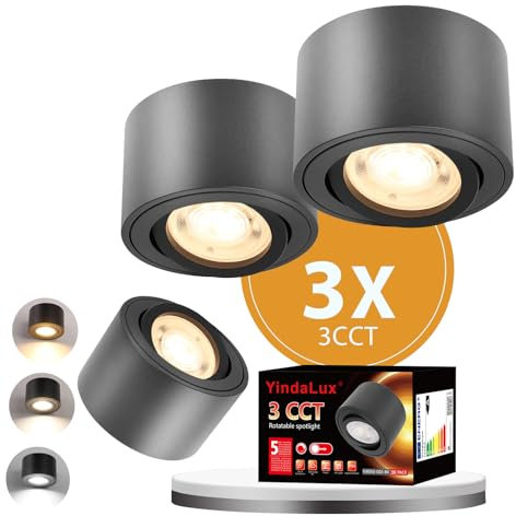 YindaLux 3x 3CCT LED Aufbauspots Schwarz - Extra Flach & 30° Schwenkbar Deckenleuchte - Ø80x50mm - Inkl. 5W 500LM Dimmbar Modul 230V - Deckenstrahler Aufbaustrahler