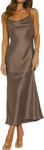 Mogidol, Abito Estivo in Raso con Spalline Sottili, Scollo a Cappuccio e Schiena Scoperta, Elegante Abito da Cocktail con Arricciatura sulla Schiena e Lacci, Moka, M
