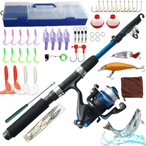 Angelset für Kinder, 1.5m Kinderangel Starter Set mit Angelrolle und Köder, Kohlefaser Teleskop Angelrute und Angelschnurrolle, Angel Zubehör für Kinder von 3-10 Jahren, Angel Set komplett (Blue)