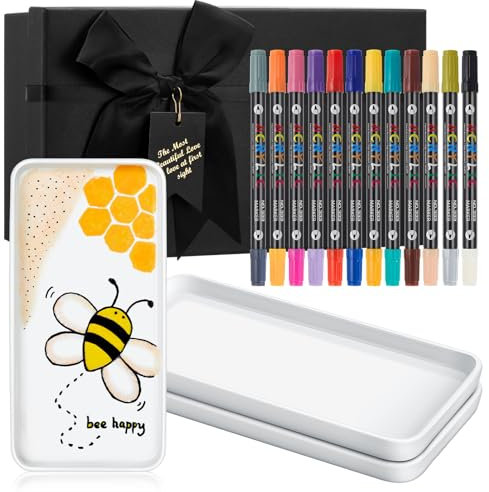 Sinmoe Set Pintura de Cerámica DIY 3 Platos de Cerámica Bandeja de Servir Blanca 12 Bolígrafos de Porcelana de Lavavajillas Caja de Regalo para Navidad Pareja Amigas Familia (Rectangular, 8 Pulgadas)