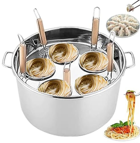 Olla para pasta comercial de 5 orificios, máquina manual para cocinar pasta y fideos con tapa de cubo que se puede colgar, calentamiento uniforme, ideal para albóndigas, ollas pic