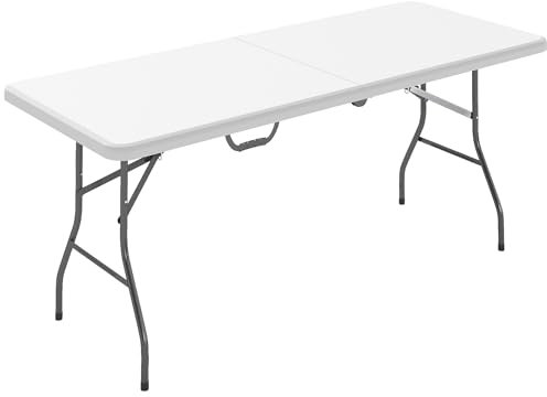 Outsunny Tavolo da Campeggio Pieghevole con Maniglia, Tavolino da Esterno Richiudibile con Telaio in Metallo e Piano in Plastica, per Giardino, Terrazzo, Pic Nic, 180x74x74 cm, Bianco