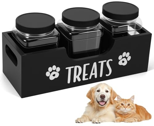 PCXWTLN Dog Treat Container with 3 Plastic Jars, Pet Food Storage Box with Lid, Reusable Pet Treat Jar Set, Dog Food Container for Dogs and Cats Snacks, Black Farmhouse Style Organizer