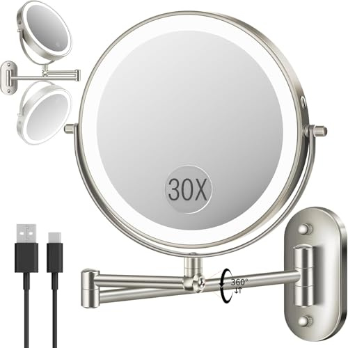 9'' 30X/1X Wall Mounted Lighted Makeup Mirror, Height Adjustable Double Sided 5000mAh Rechargeable Magnifying Bathroom Mirror with Light, 3 Color Modes Touch Dimmable Extended Arm 360 Rotation