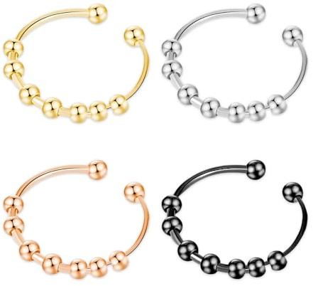 YZROHYI 4 Pièces Bague Anti Stress Femme Acier Inoxydable,Bague Anxiete Reglable,Anxiety Ring,Bagues D'Anxiété Ajustable,Bagues Anneau Qui Tourne,Anneau Ouvert avec Perles pour Femmes et Filles