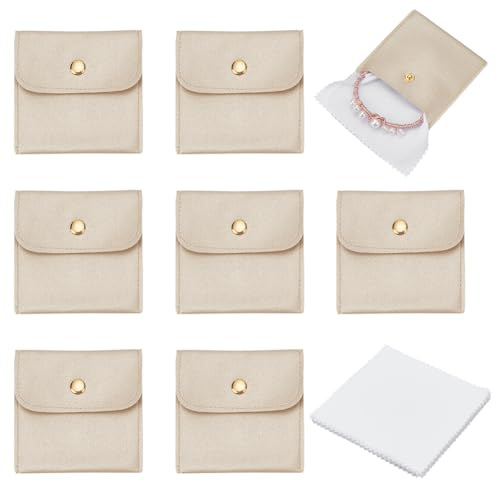 NBEADS 12 st mini smyckepåse, 8 x 8 cm PU-läder små smyckeväskor mjuka kuvertpåsar presentförvaringsväska med 12 st glasögonrengöringsduk för kvinnor ringar halsband armband, PapayaWhip
