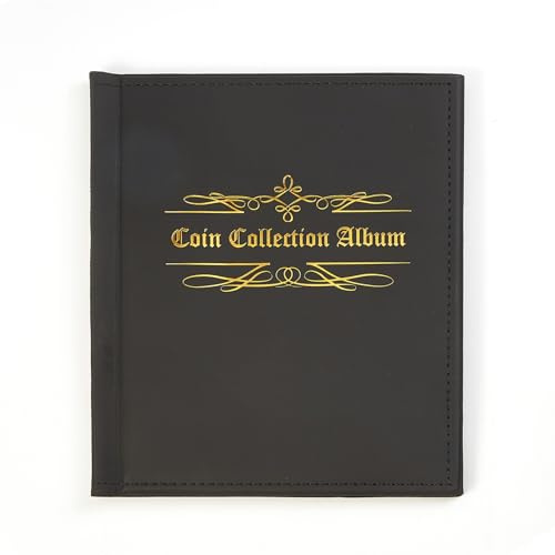 Coin Collection Album with 200 Pockets, 33x33 mm Grid Holders, 10 Pages, Black Book for Pounds Pence Cents Dollars Nickel Storage