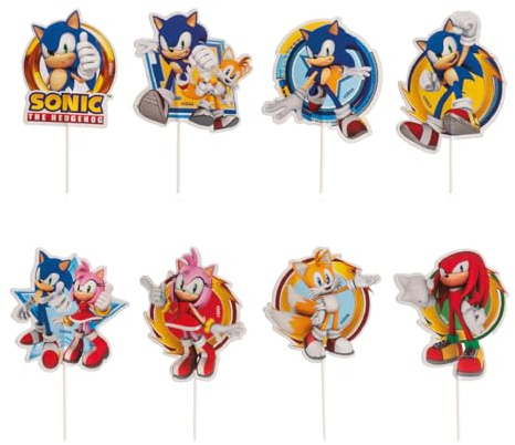 dekora, Kit decorazione torta compleanno Sonic, Cake Topper Sonic di carta, perfetto per decorare i tuoi cupcakes e la torta di Sonic, 16 pezzi, 10,5 x 7 centimetri
