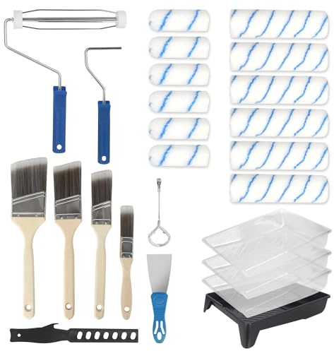 Set Rullo Pittura, Kit Verniciatura 25 Pezzi con rullo per pittura, Pennelli e Vaschetta, rullo pittura in Microfibra, rullo per pittura con serbatoio professionale per Verniciare e Rinnovare Pareti