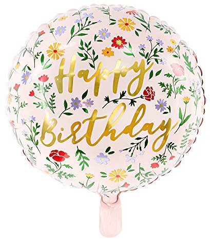 DekoHaus Folienballon Happy Birthday Rosa Matt mit Blumenmuster Ø 45 cm (35 cm aufgeblasen) – Rundballon mit Gold Schrift, Helium & Luft geeignet, wiederverwendbar