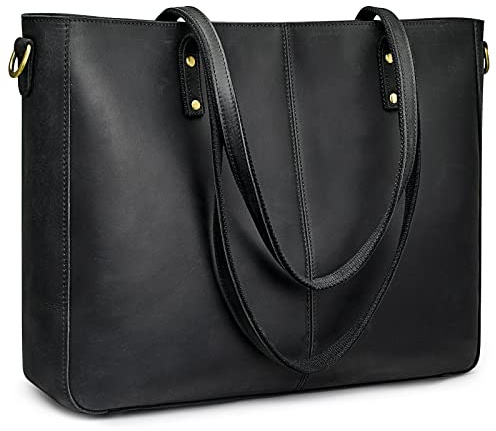 S-ZONE Women Vintage Crazy Horse Leather Shoulder Tote Crossbody Bag Large Handbag Purse with 15.6 in Laptop Sleeve