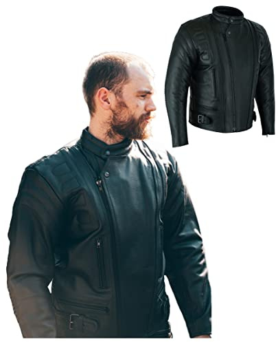 Texpeed Mens Leather Motorcycle Jacket - Twin Zipped Cruiser Touring Motorbike Jacket With Genuine Biker CE Armour (EN 1621-1) Protection Black - 4XL