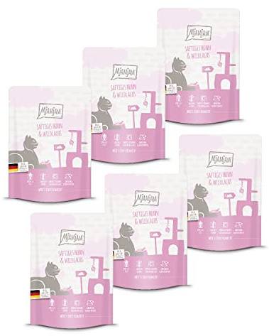 MjAMjAM - nourriture humide premium pour chats - Quetschie - poulet juteux et saumon sauvage, pack de 6 (6 x 300 g), sans céréales avec supplément de viande