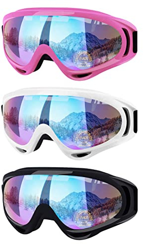 Reseldda Paquete de 3 gafas de esquí para nieve, snowboard, motocicleta, para adultos, hombres, mujeres, jóvenes, adolescentes, niños y niñas, gafas de invierno para deportes de nieve (rosa, blanco y