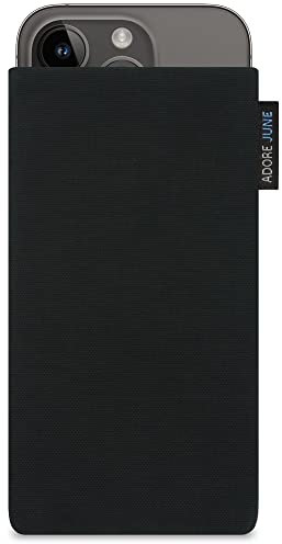 Adore June Classic Schwarz Tasche kompatibel mit iPhone 15 14 / iPhone 15 14 Pro Handytasche aus widerstandsfähigem Cordura Stoff mit Display Reinigungs-Effekt, Made in Europe