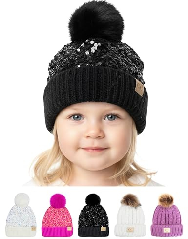 Funky Junque Toddler Pom Beanie – Warm Kids Winter Hat for Ages 1–4, Cozy Knit Snow Beanies for Baby Boys & Girls - Black - Sequin W/Faux Fur Pom