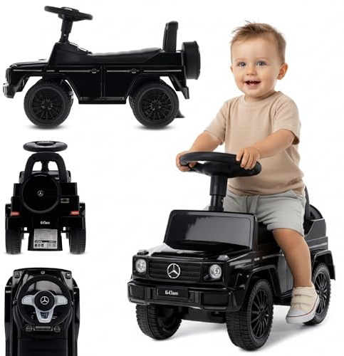 sun baby Coche de Empuje Mercedes Benz G, Coche para Niños a Partir de 1 año, Volante con Sonido, guantera, Rueda de Repuesto Falsa (Negro)